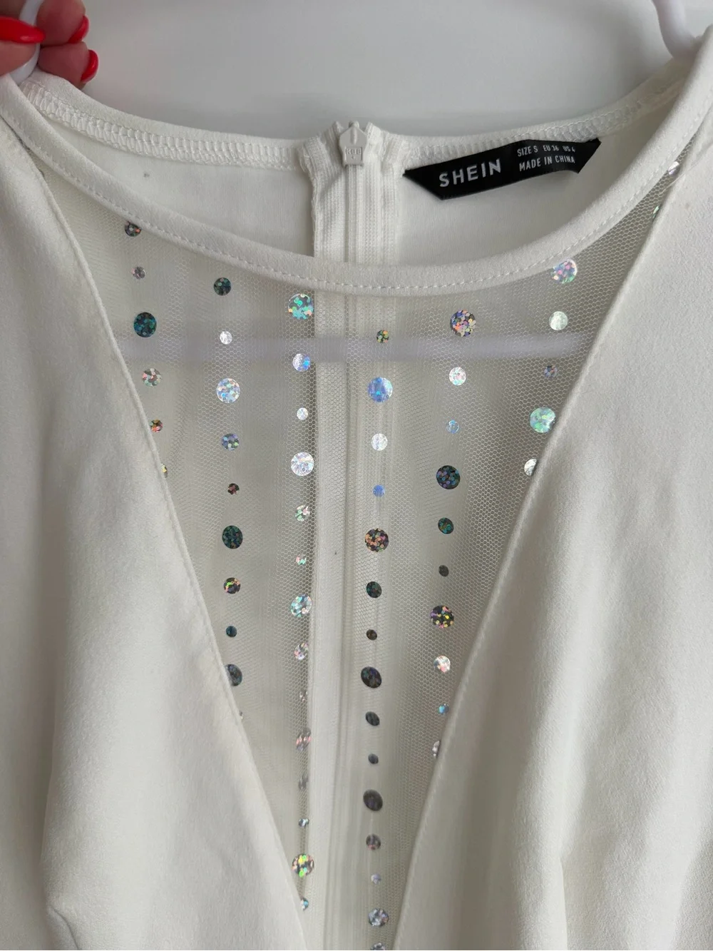 SHEIN White Long Sleeve Dress with Sequin Mesh & Feather Trim